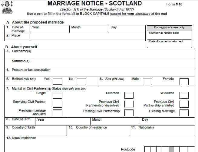 M10 marriage Notice Scotland